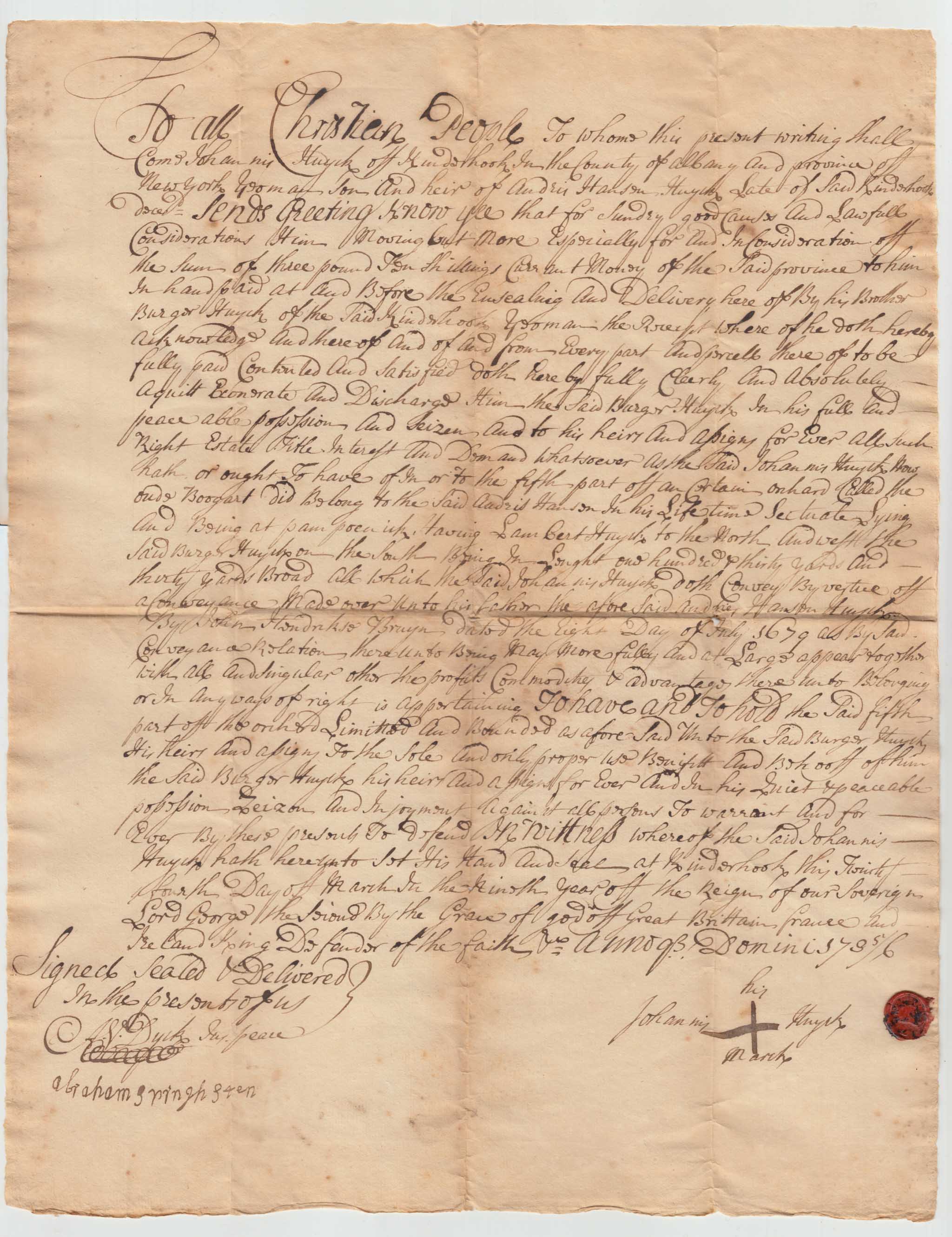 BH029 1735/6-03-04 Quit Claim Of Orchard, Johannis Huyck to Burger Huyck